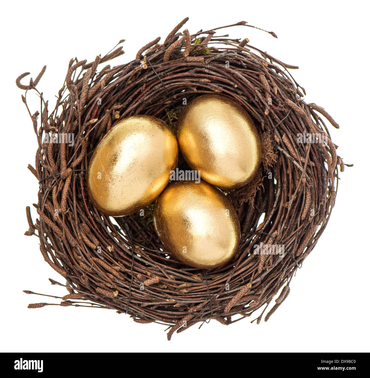 golden easter eggs in nest isolated on white background Stock Photo