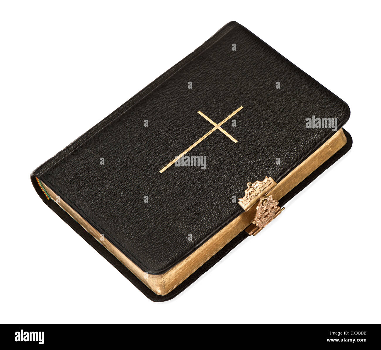 old black bible book with golden cross isolated on white background Stock Photo
