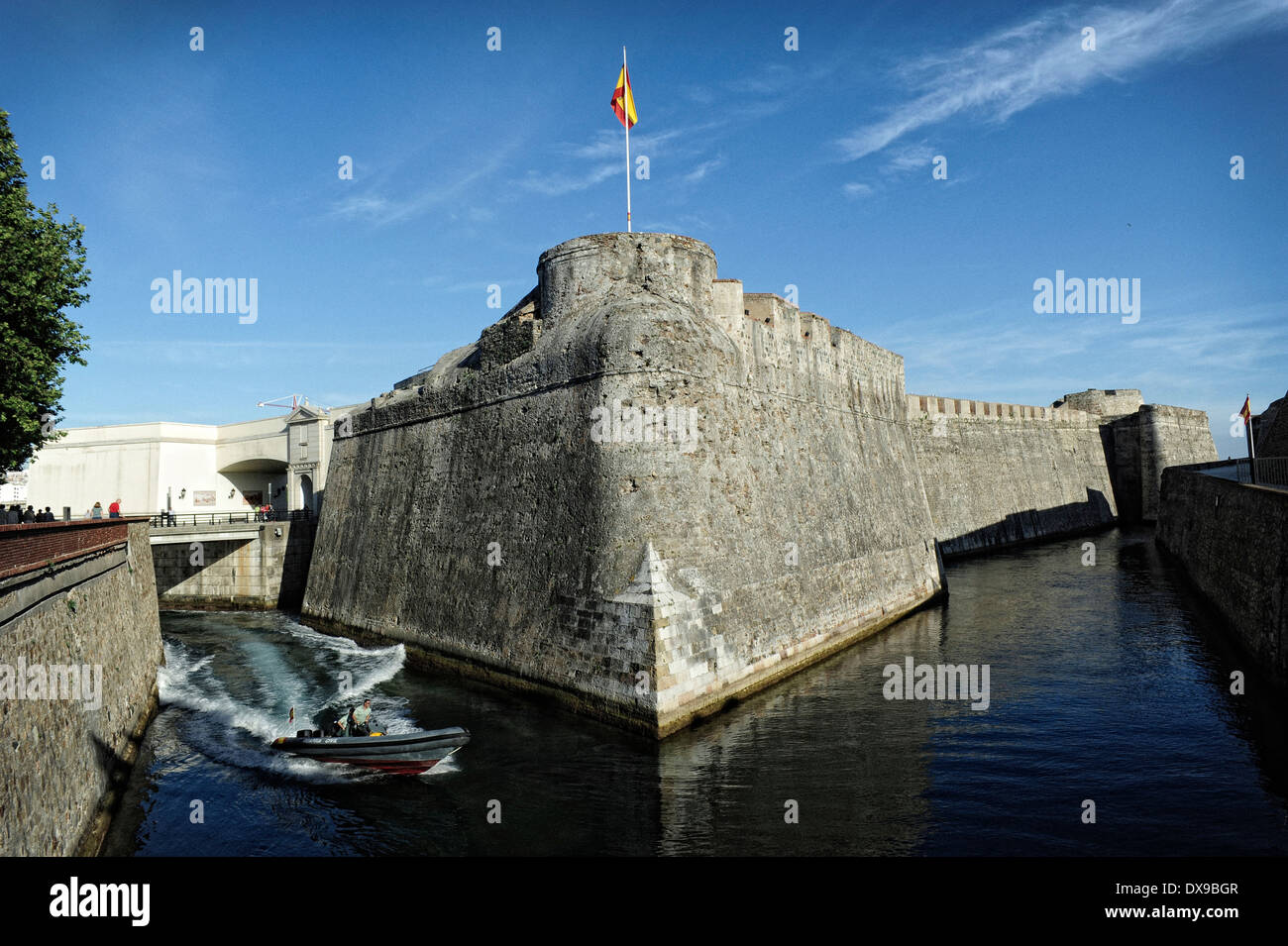 A Guardia Civil boat patrolling the moat of the Royal Walls. Ceuta . North Africa. Spain. ( Photo by Jordi Cami ) Stock Photo