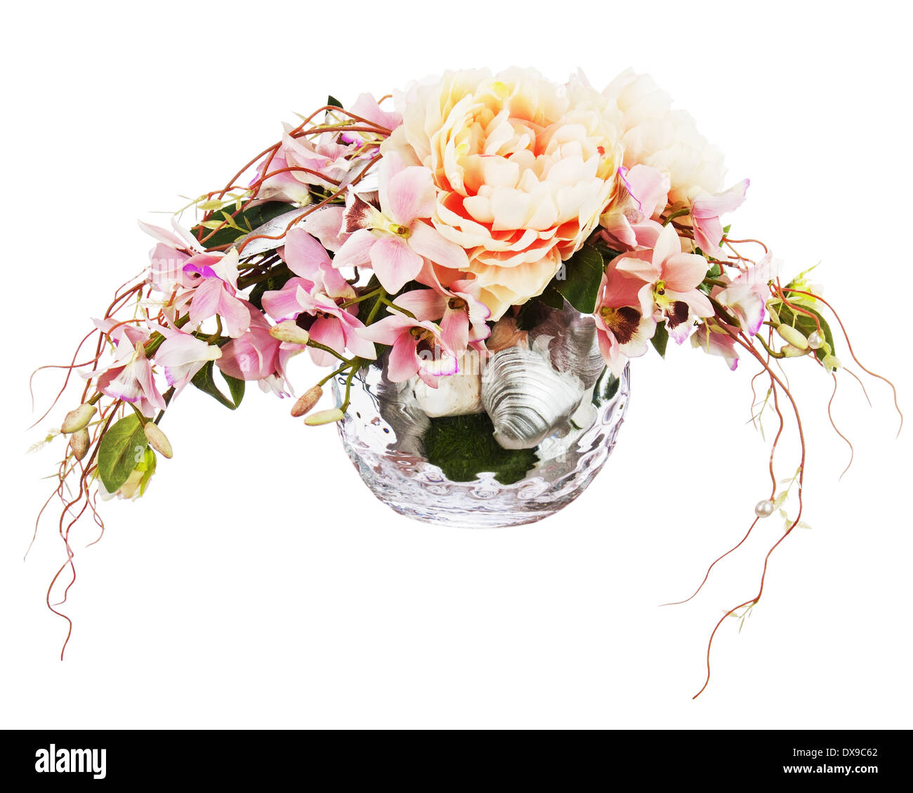 Bouquet from peon flowers and orchids in glass vase isolated on white background. Closeup. Stock Photo