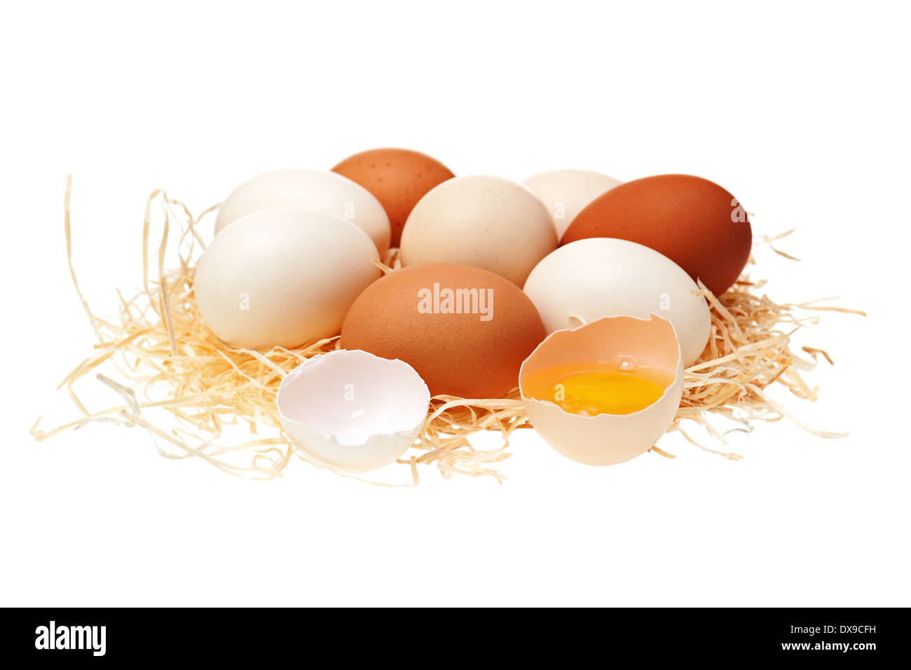 Eggs in straw nest isolated on white background Stock Photo - Alamy