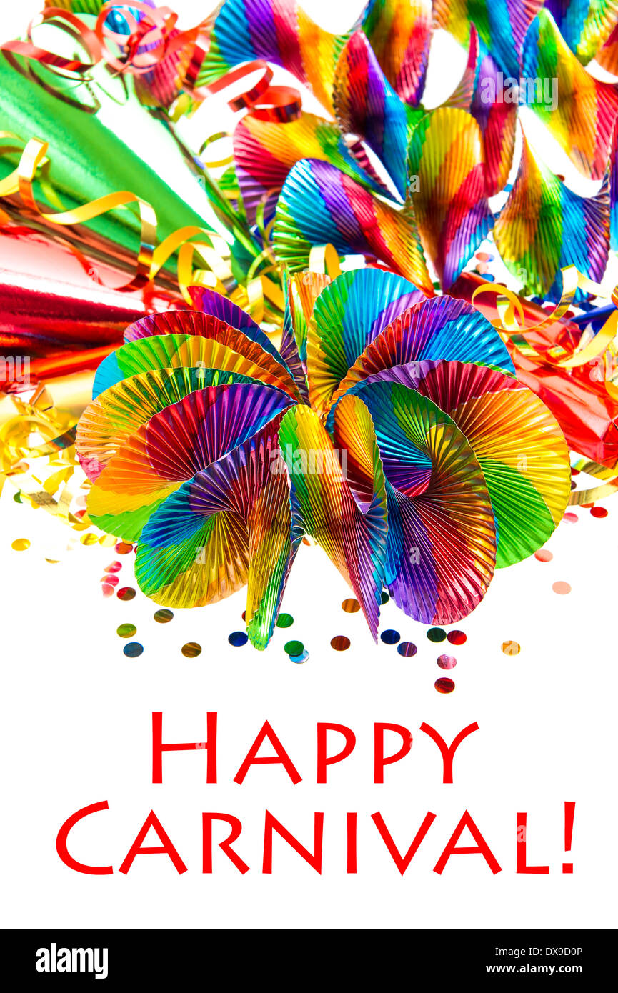 colorful garlands, streamer, party hats and confetti on white background. carnival decoration Stock Photo