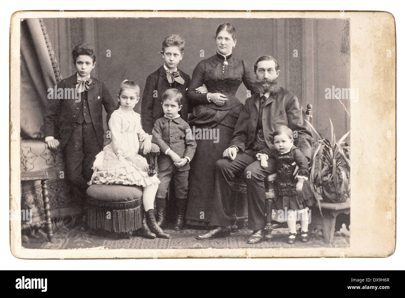 old family photo. parents with five children. nostalgic vintage picture