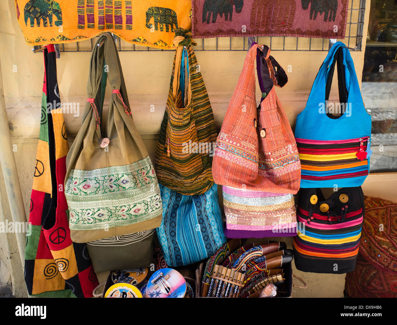 Colourful handbags in a market in Albayzin, Granada, Spain Stock Photo