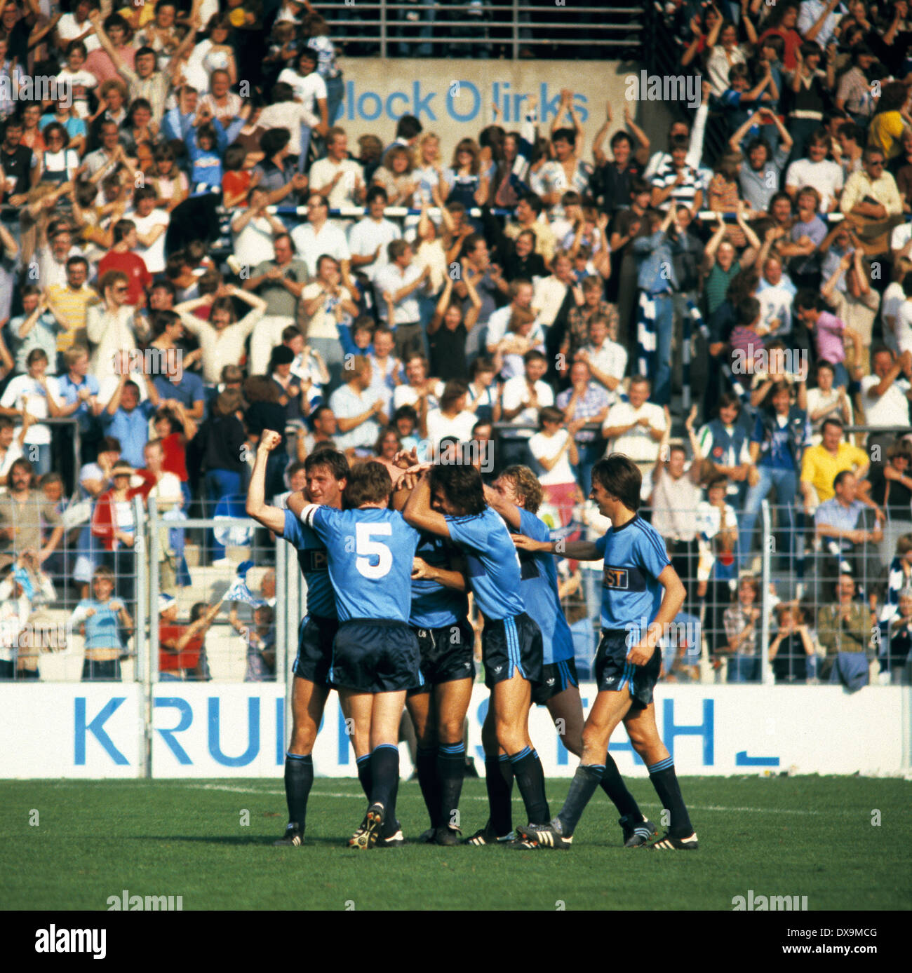 football, Bundesliga, 1980/1981, Ruhr Stadium, VfL Bochum versus Eintracht Frankfurt 2:0, scene of the match, Bochum players rejoicing at the 1:0 goal by Christian Gross Stock Photo