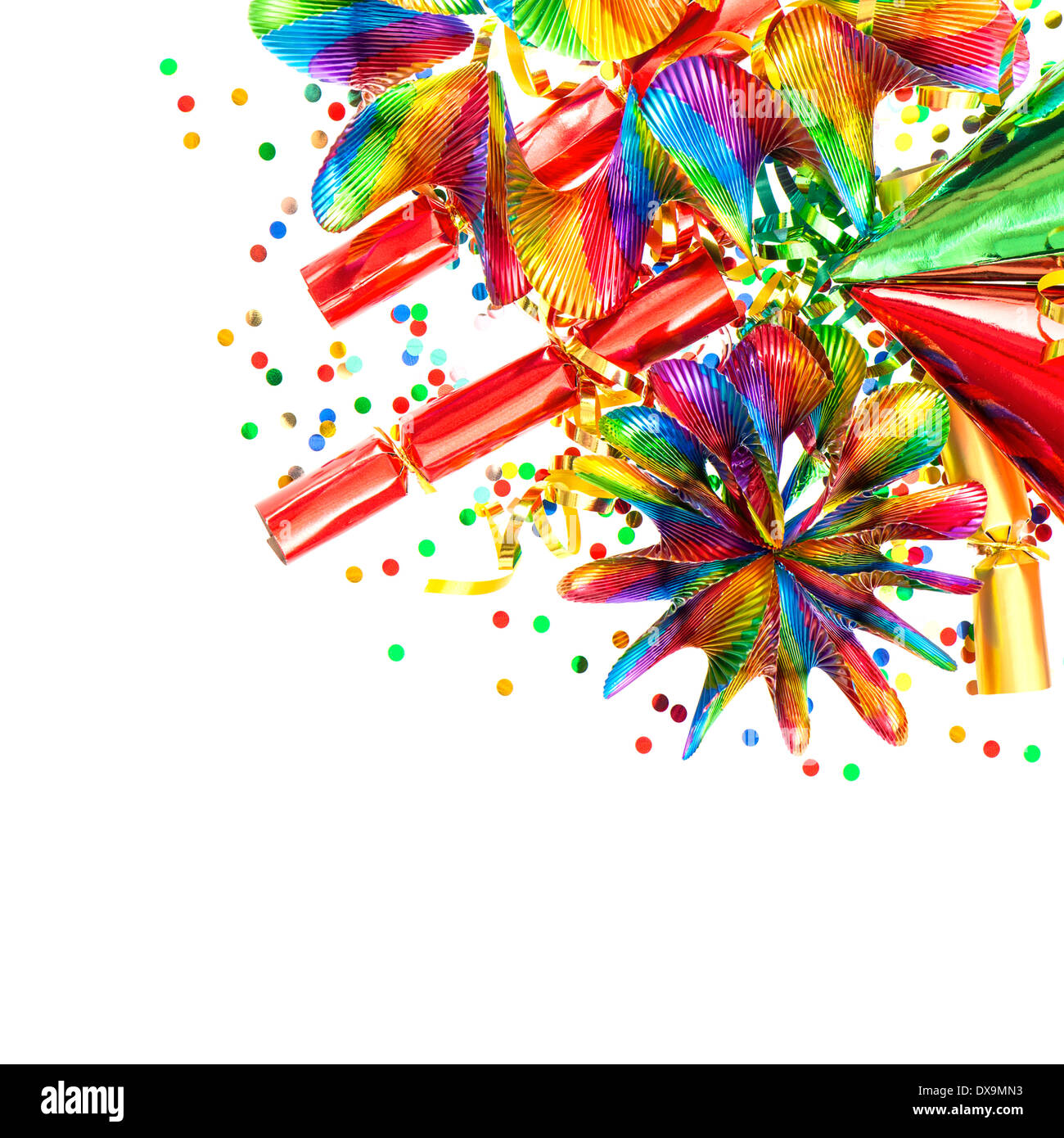 confetti, garlands, streamer. festive decorations background. carnival items Stock Photo