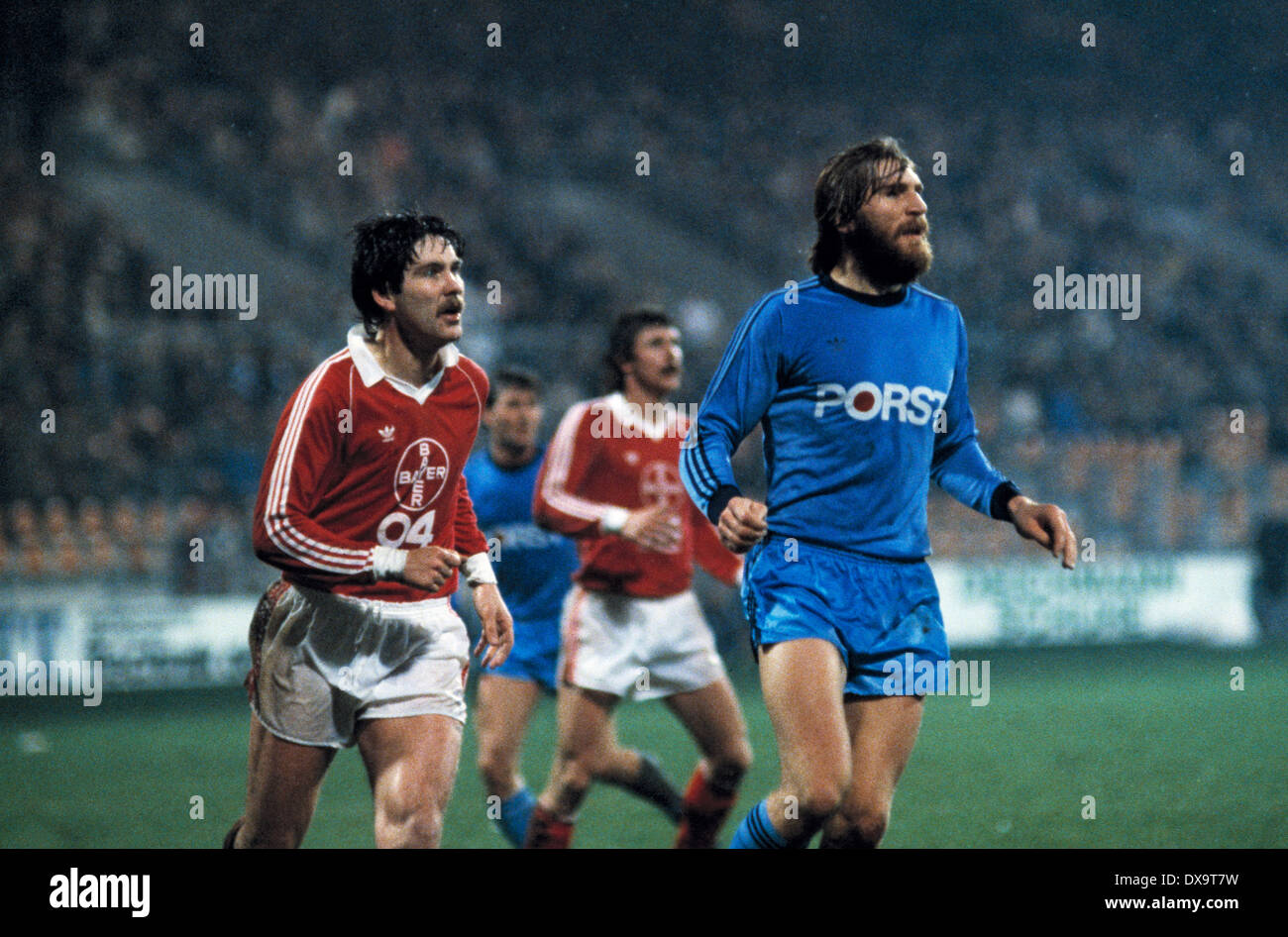 football, Bundesliga, 1980/1981, Ruhrstadion, VfL Bochum versus Bayer 04 Leverkusen 1:1, scene of the match, Klaus Bruckmann (Bayer) left and Lothar Woelk (VfL) Stock Photo