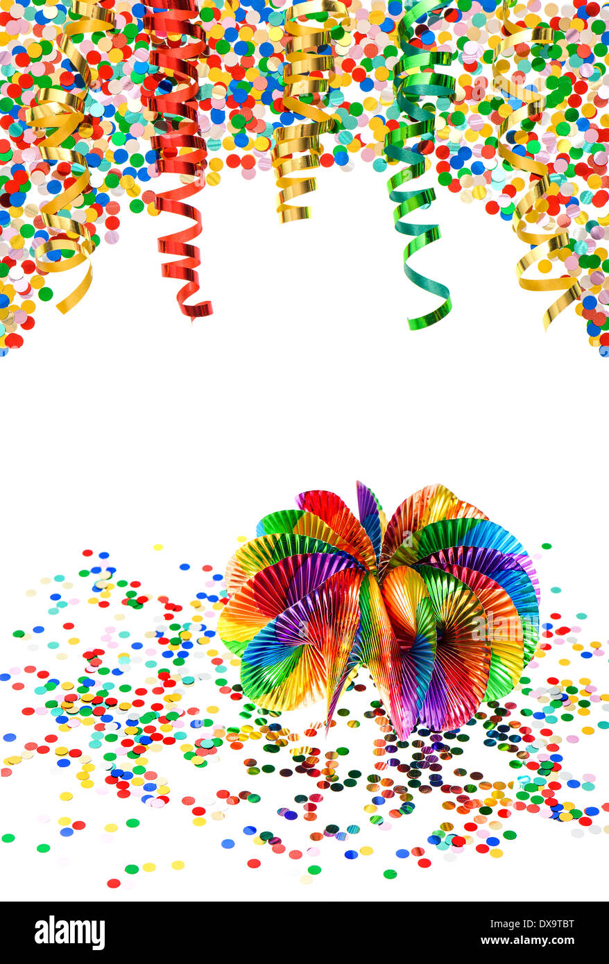 carnival party decoration. colorful garlands, streamer and confetti on white background. card concept Stock Photo