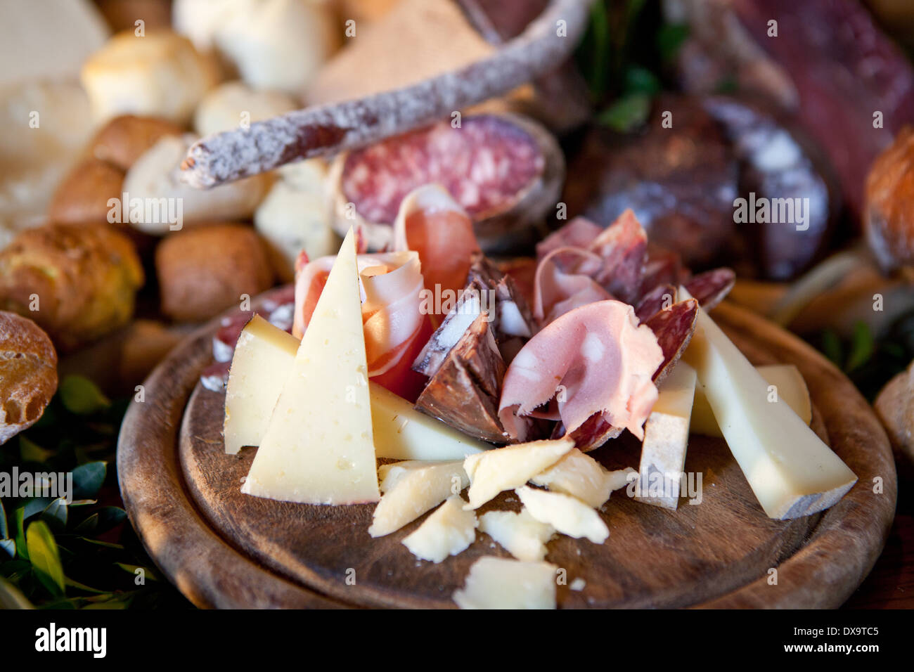 cold cuts, salami, homemade bread and tuscany cheese Stock Photo