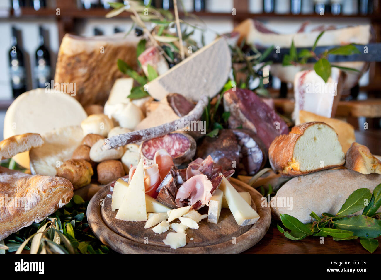 cold cuts, salami, homemade bread and tuscany cheese Stock Photo