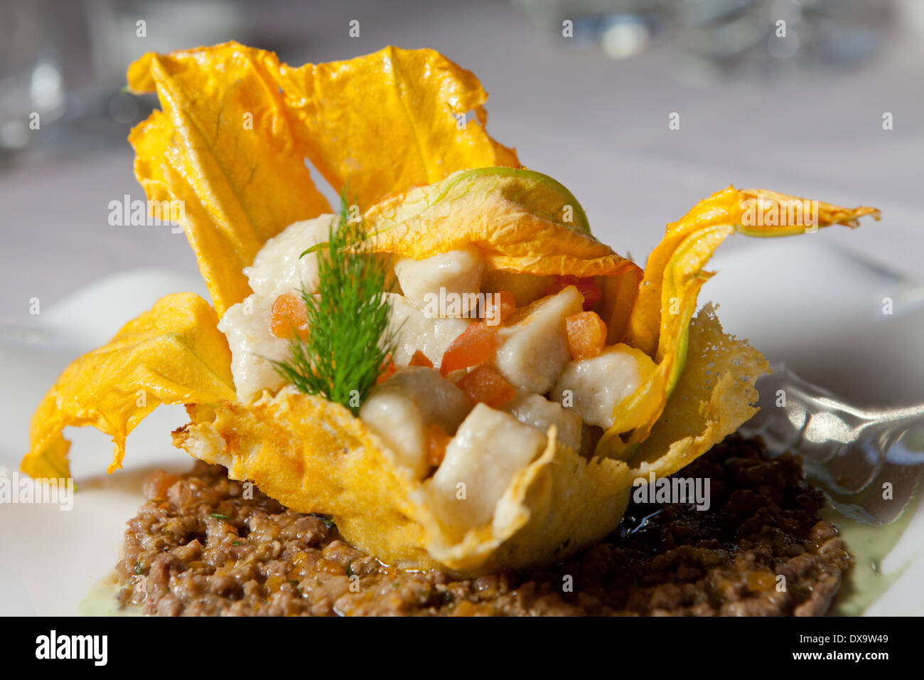 gnocchi with meat sauce in a pumpkin flower Stock Photo