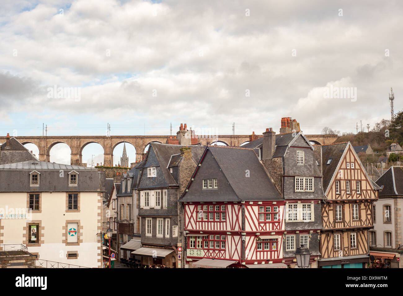View across the buildings in Morlaix towards the Viaduct. Stock Photo