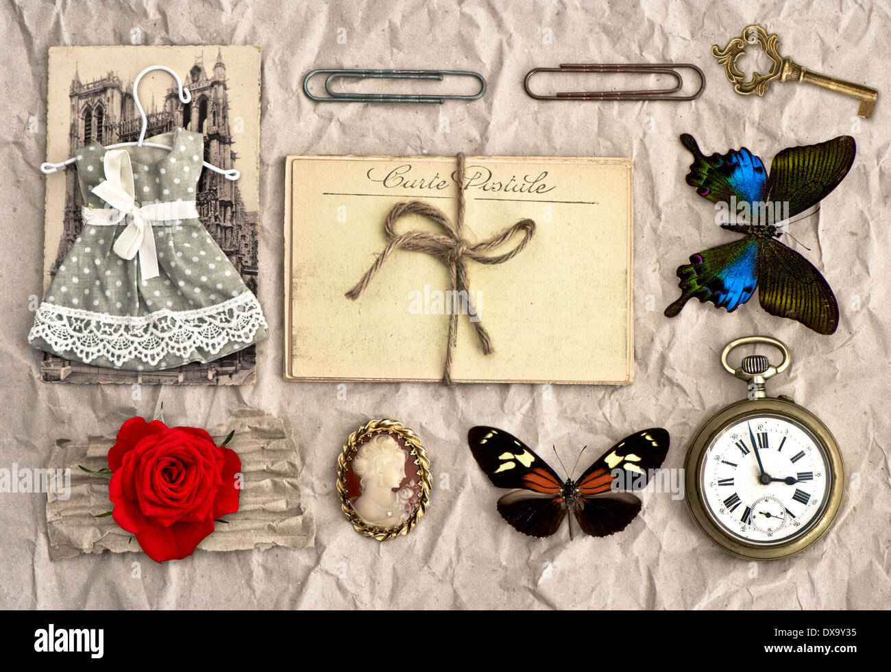 antique accessories. old postcards and vintage things. nostalgic scrapbook background Stock Photo
