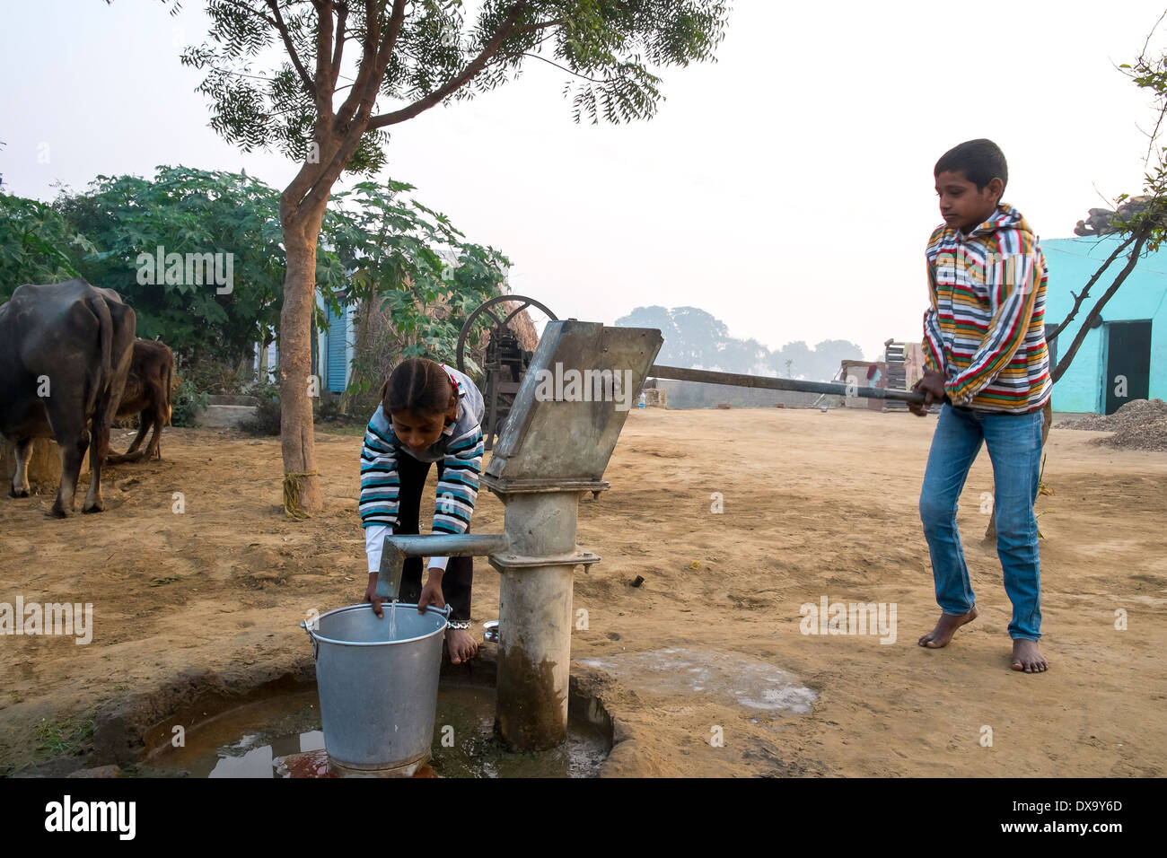 India, Uttar Pradesh, Agra, young girl and boy drawing water from village home pump Stock Photo