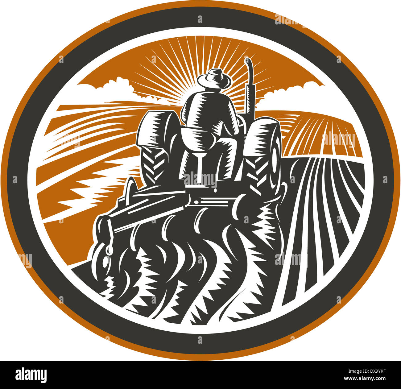 Illustration of a farmer worker driving a vintage tractor plowing farm ...