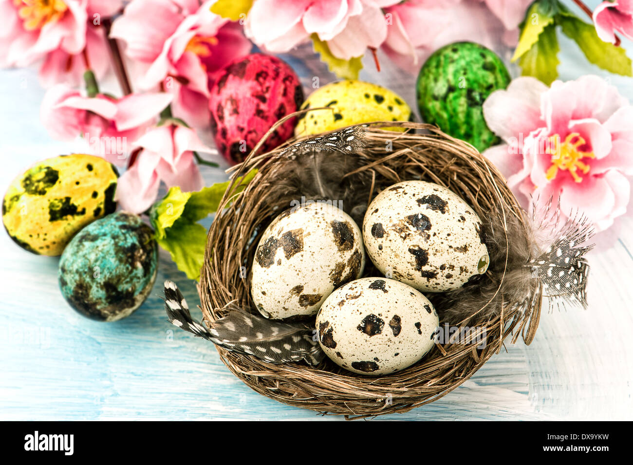 Easter decoration with flowers and eggs in nest. Springtime Stock Photo ...