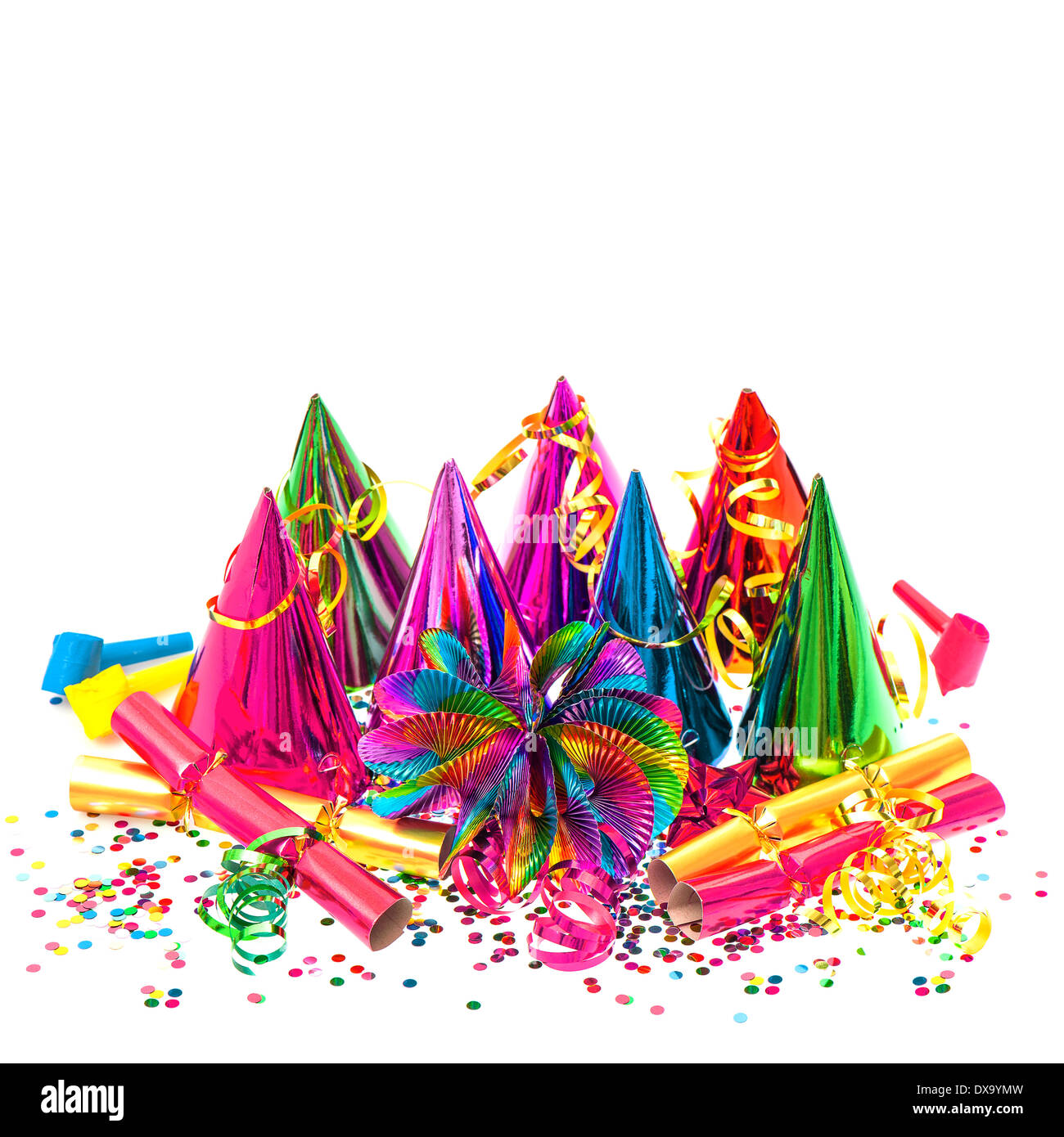 carnival decoration. garlands, streamer, party hats and confetti on white background Stock Photo