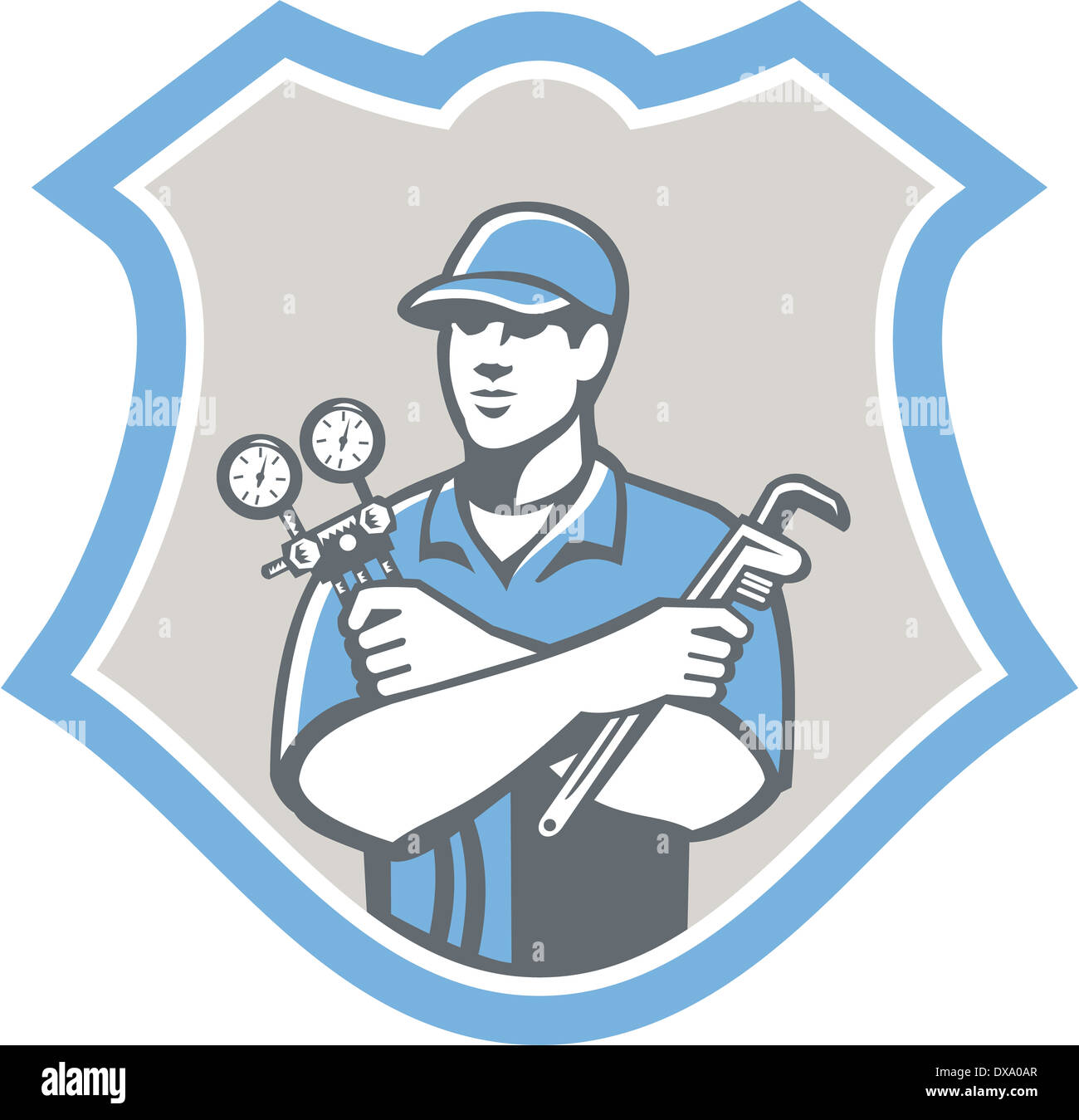 Illustration of a refrigeration and air conditioning mechanic holding a