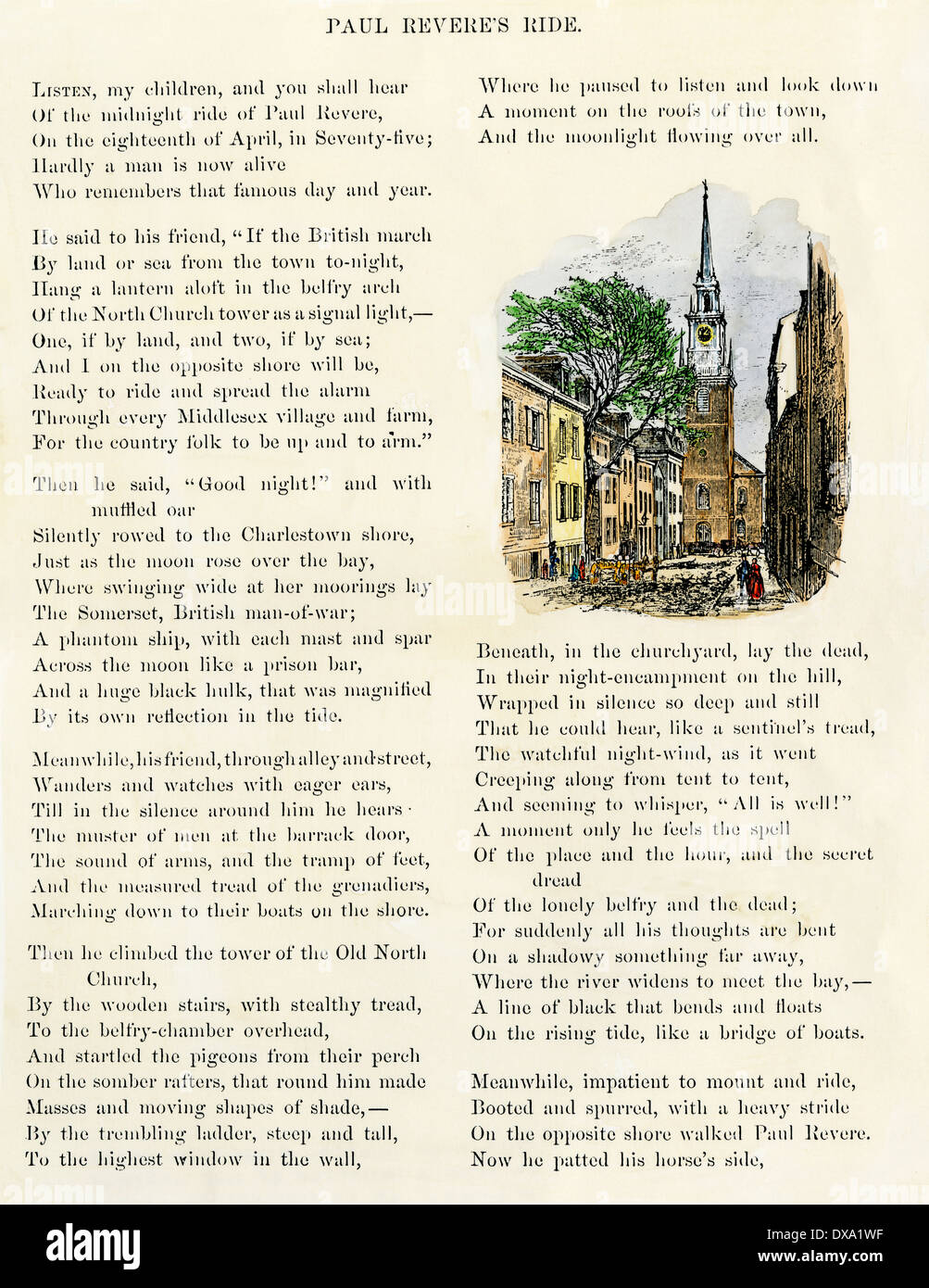 Illustrated page of 'Paul Revere's Ride' by Henry Wadsworth Longfellow, 1879. Hand-colored woodcut Stock Photo