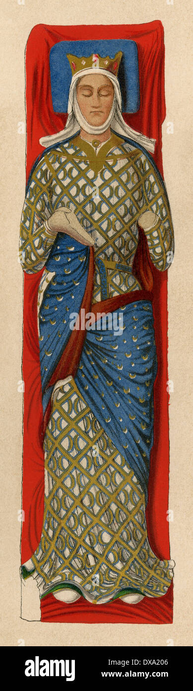 Effigy of Eleanor of Aquitaine on her tomb at Fontevraud Abbey, France. Printed color lithograph Stock Photo