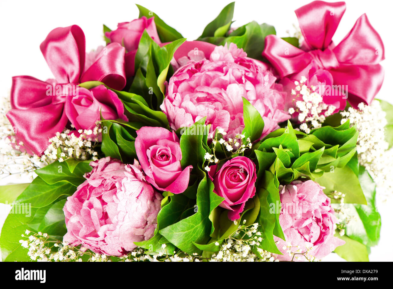 purple pink bouquet with ribbon. roses and peony flowers Stock Photo