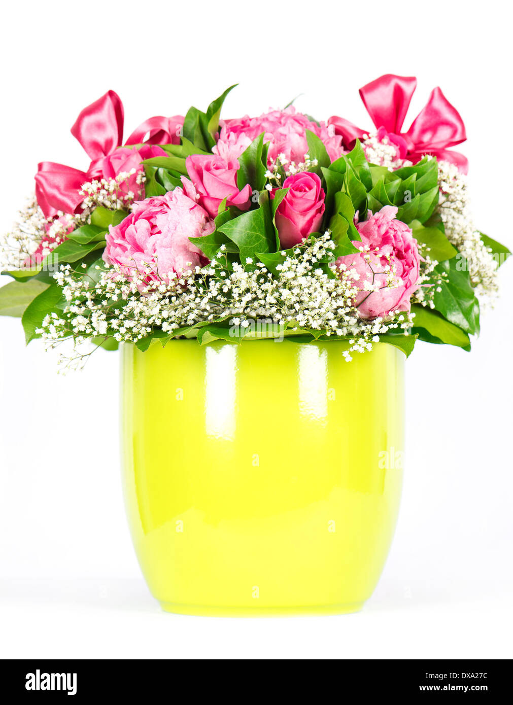 colorful flowers bouquet with pink ribbon Stock Photo