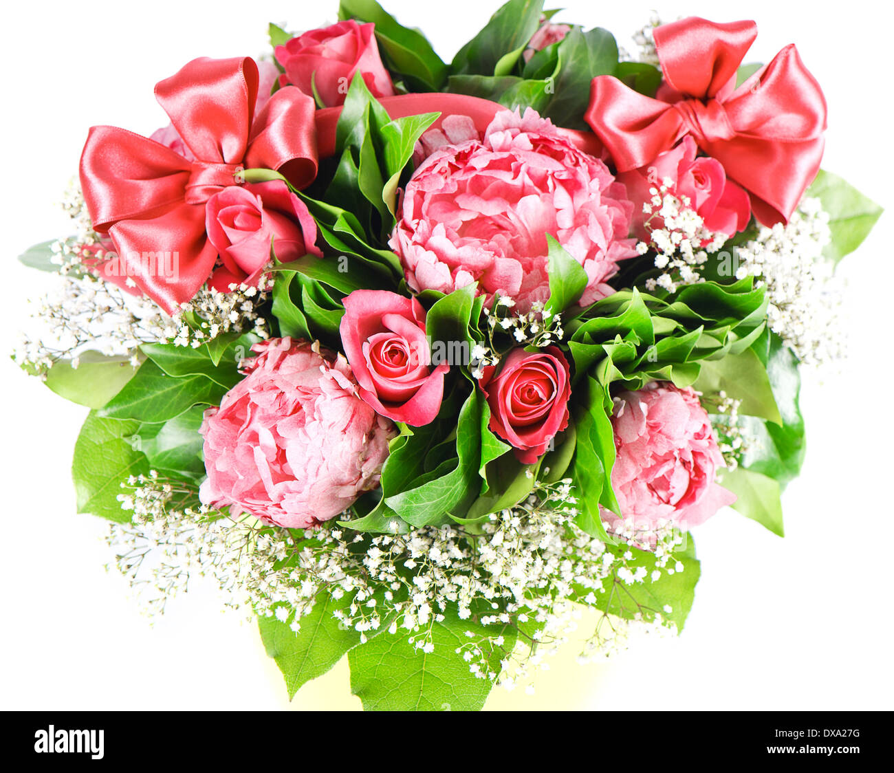 bouquet of colorful flowers with ribbon. peonies and roses Stock Photo