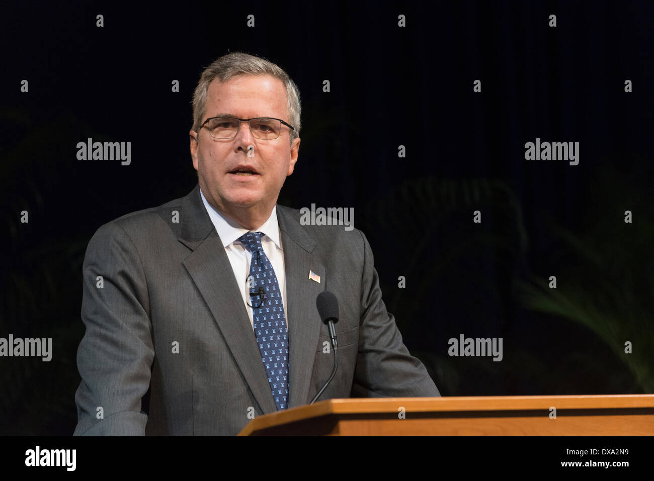 Former governor Jeb Bush was Governor of Florida 1999-2007, Bush ran for USA presidential race 2016. Brother of George W. & son of George H.W. Bush (US Presidents) Jeb Bush is political blue blood. He co-authored book on immigration, his wife is Mexican-born immigrant. Immigration reform is hot button issue for 2016 elections. Stock Photo