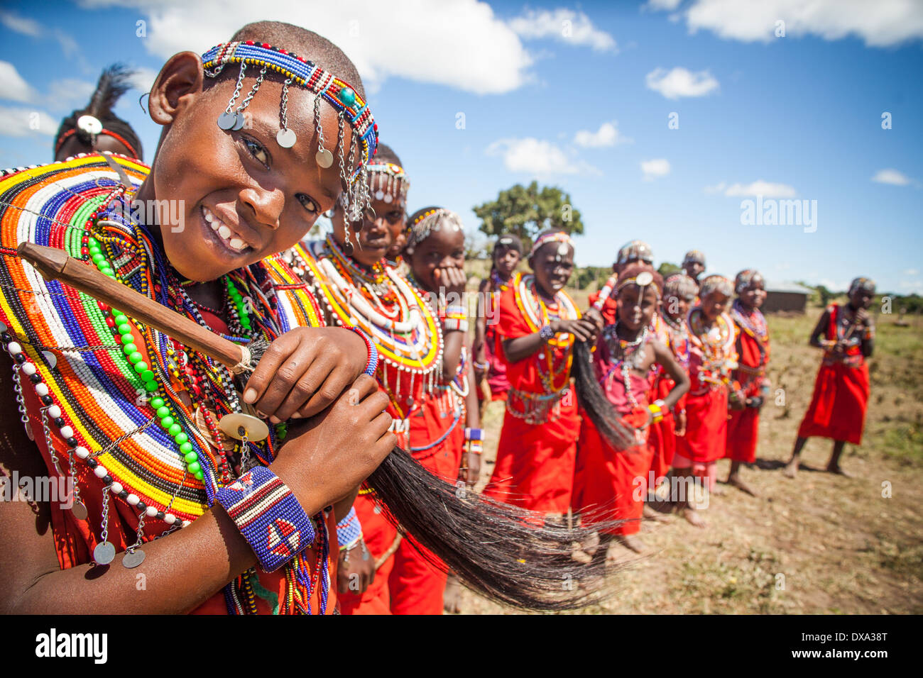 Maasai dancers in the Masai Mara preserve, Kenya. Stock Photo
