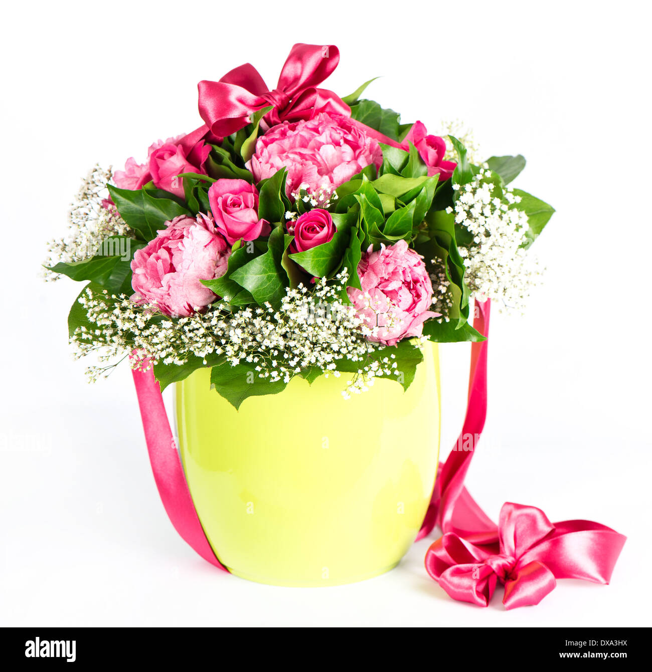 colorful flowers bouquet with ribbon Stock Photo