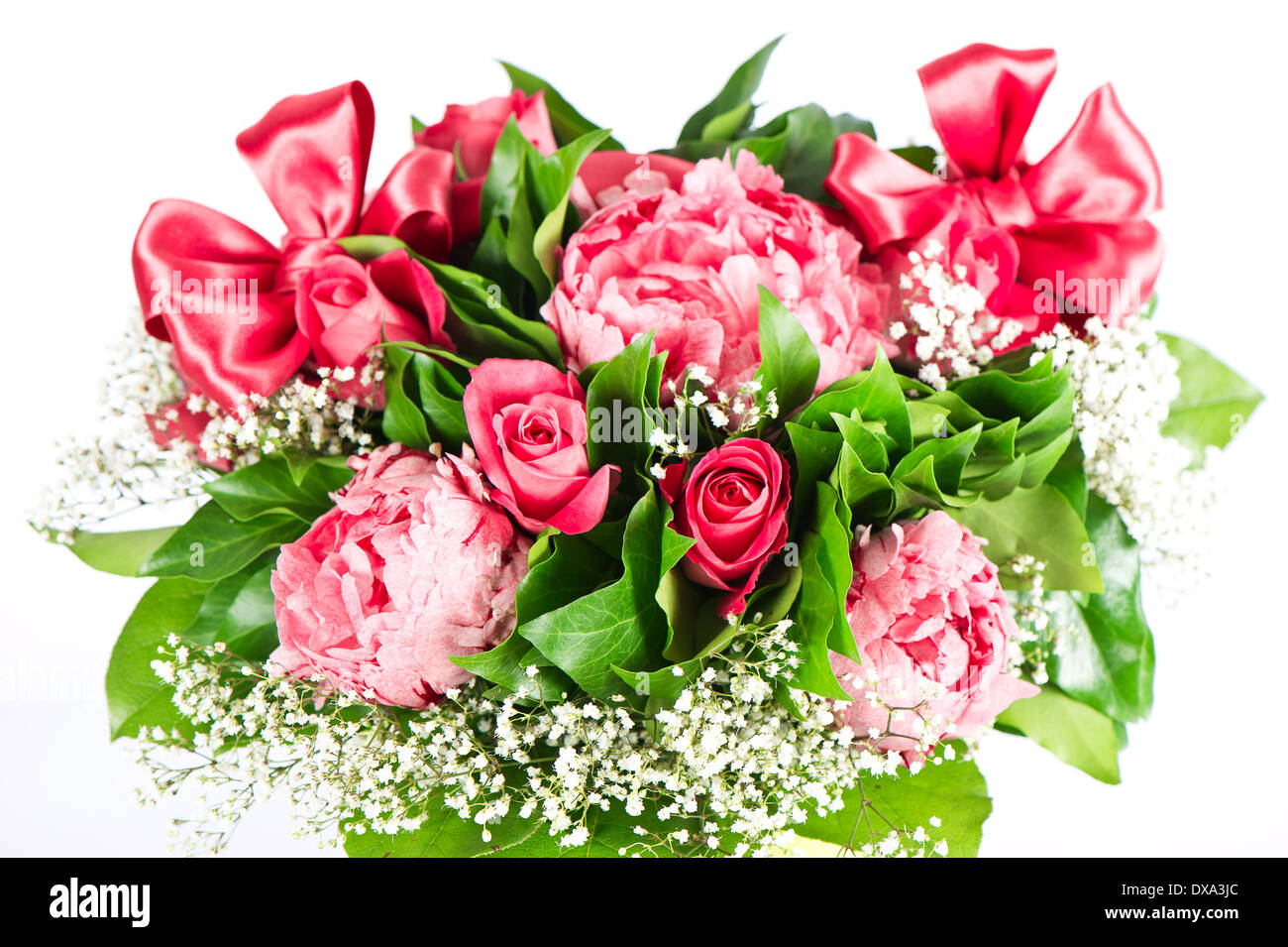 colorful flowers bouquet with ribbon. peonies and roses Stock Photo