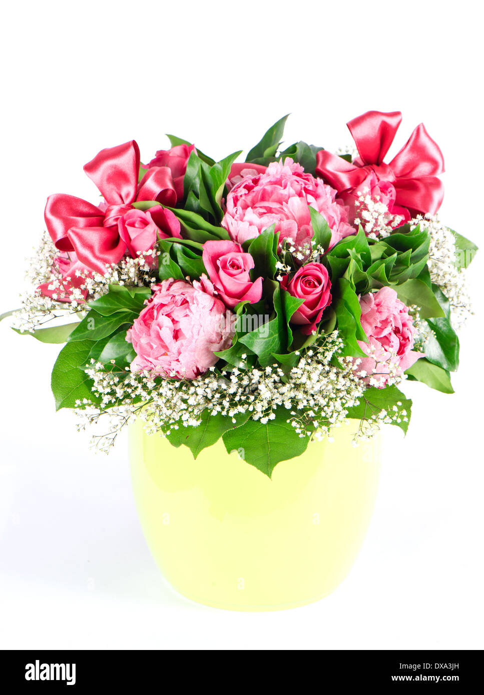 beautiful flowers bouquet with ribbon. Pink roses and peonies Stock Photo