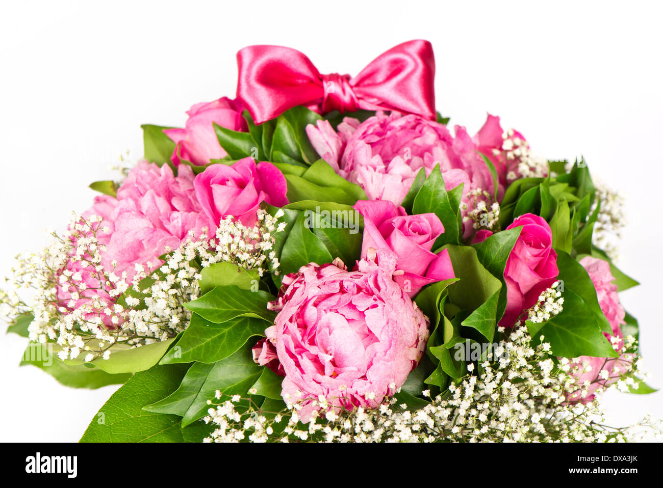 colorful flowers bouquet with ribbon. peonies and roses Stock Photo