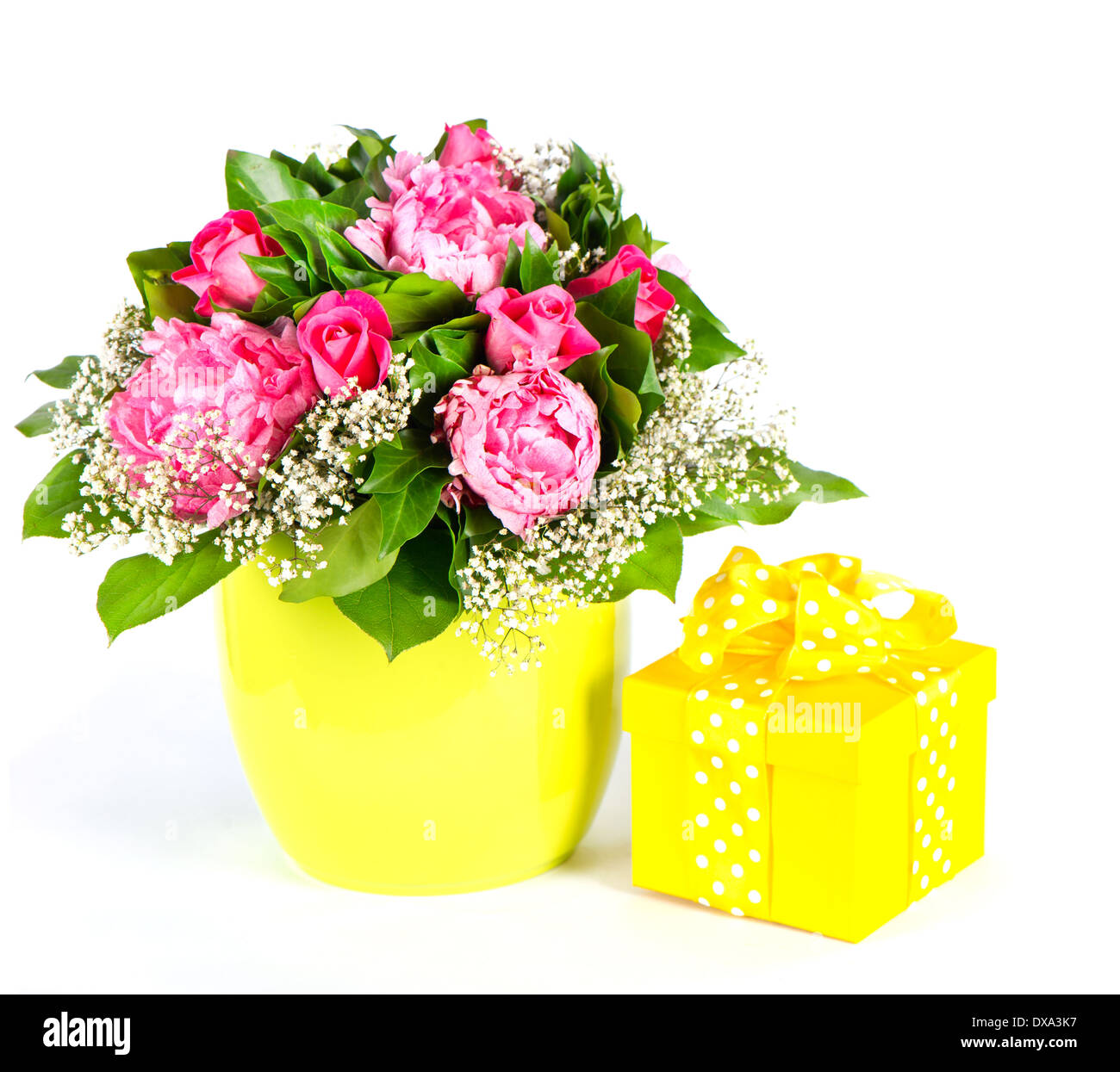 colorful flowers bouquet with gift box Stock Photo