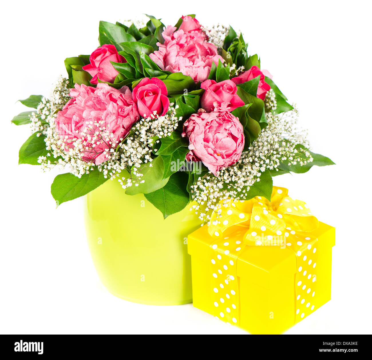 colorful flowers bouquet with gift box Stock Photo