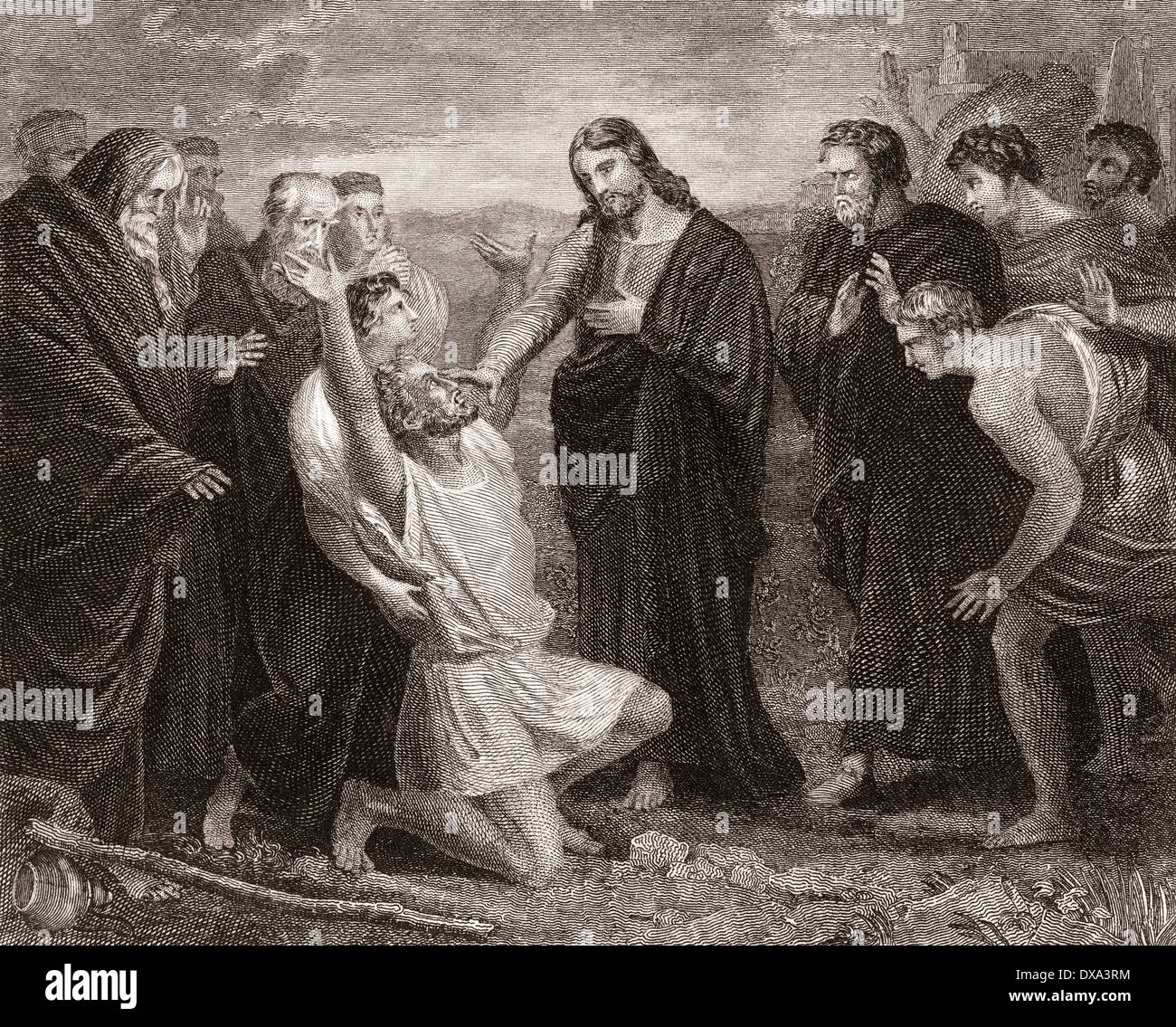 Jesus healing the blind. From a 19th century print. Stock Photo