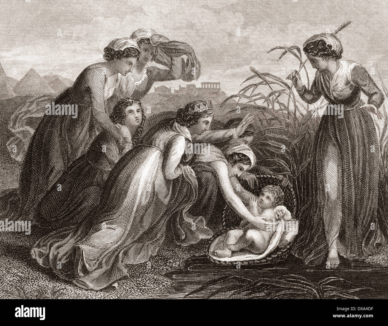 The infant Moses is found in the bulrushes on the river bank by the Pharaoh's daughter. From a 19th century print. Stock Photo