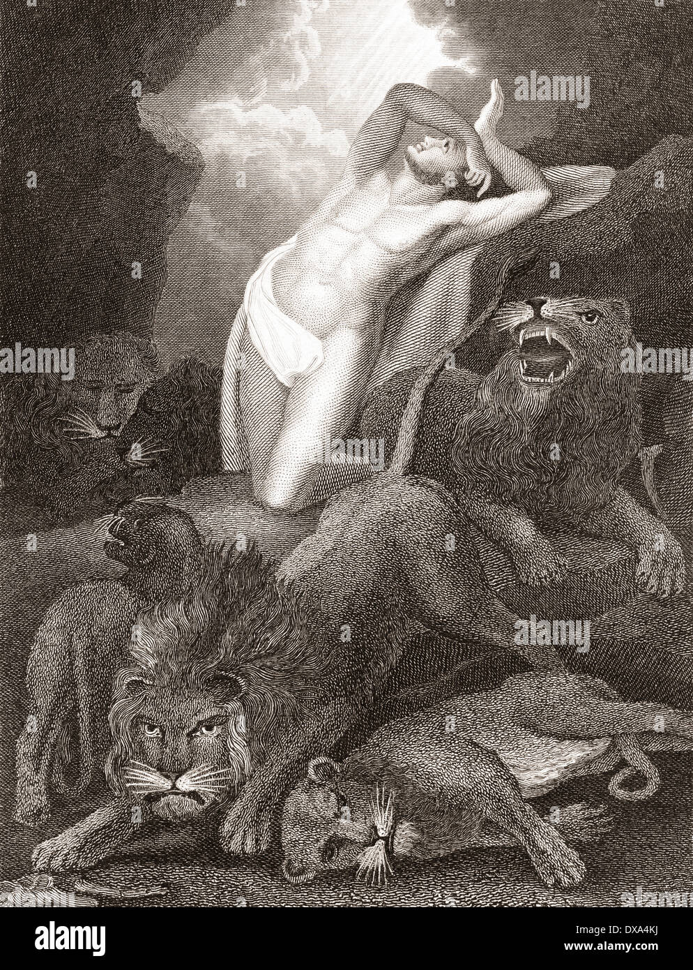 Daniel in the lion's den. From a 19th century print. Stock Photo