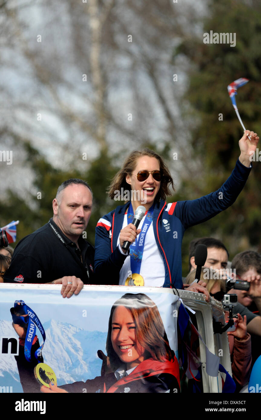 Lizzy Yarnold Victory Parade in Sevenoaks, Kent. 21/03/2014. Winter Olympic gold medal winner Lizzy Yarnold driven from Sevenoaks to her home village of West Kingsdown in Kent in an open-top bus.  Stop-off in Blighs Meadow to meet local school children Stock Photo