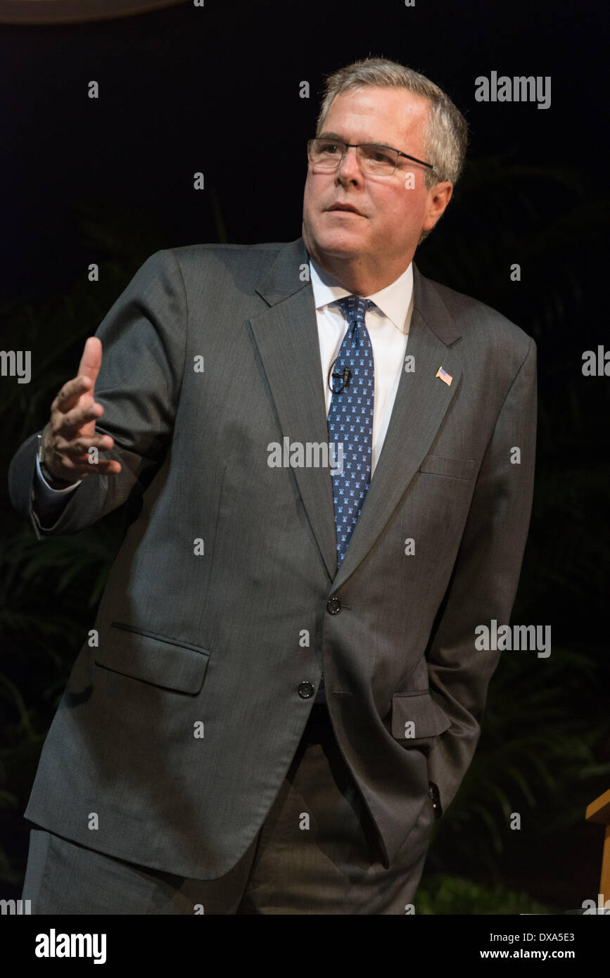 Former governor Jeb Bush was Governor of Florida 1999-2007, Bush ran for USA presidential race 2016. Brother of George W. & son of George H.W. Bush (US Presidents) Jeb Bush is political blue blood. He co-authored book on immigration, his wife is Mexican-born immigrant. Immigration reform is hot button issue for 2016 elections. Stock Photo