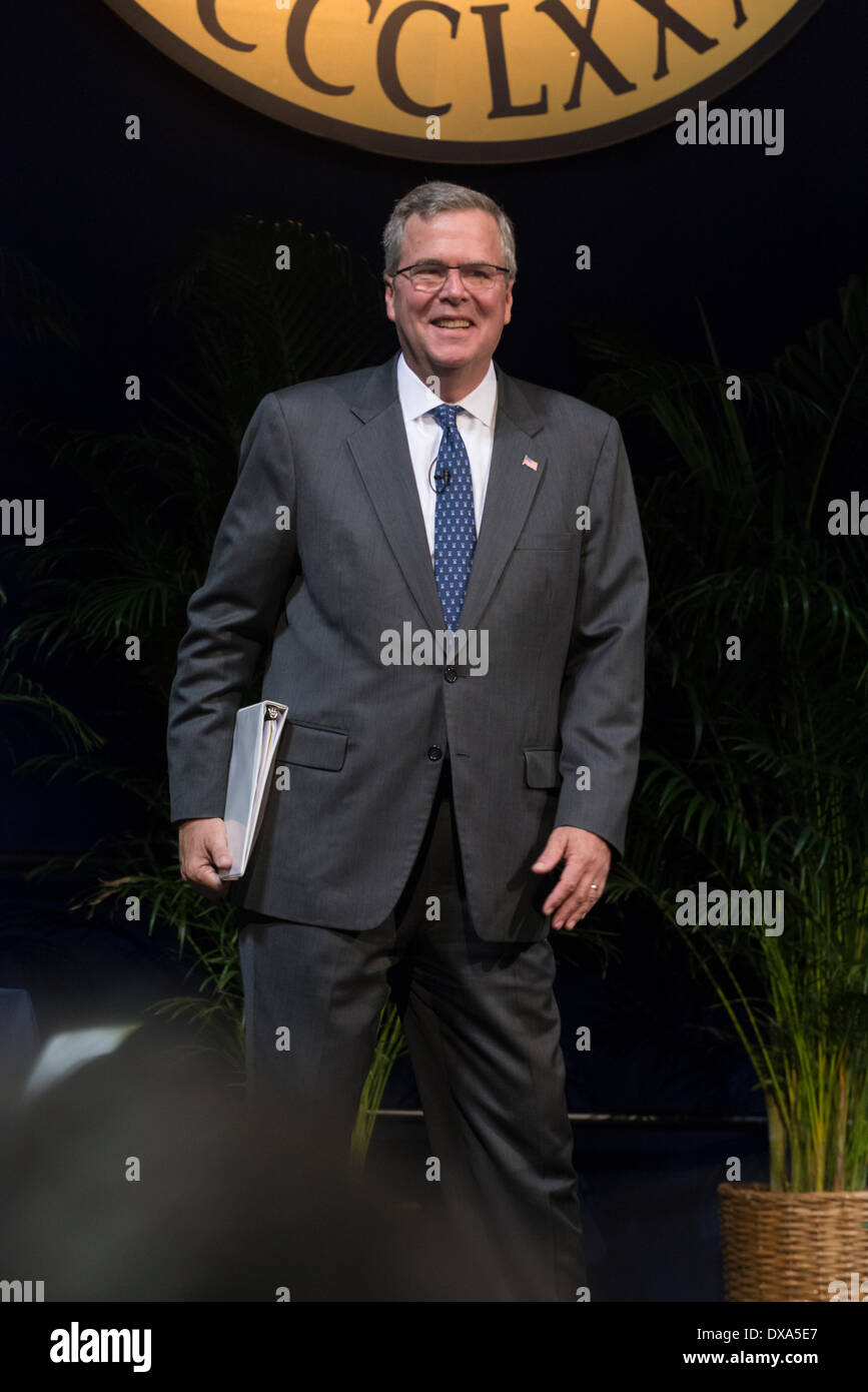Former governor Jeb Bush was Governor of Florida 1999-2007, Bush ran for USA presidential race 2016. Brother of George W. & son of George H.W. Bush (US Presidents) Jeb Bush is political blue blood. He co-authored book on immigration, his wife is Mexican-born immigrant. Immigration reform is hot button issue for elections. Stock Photo