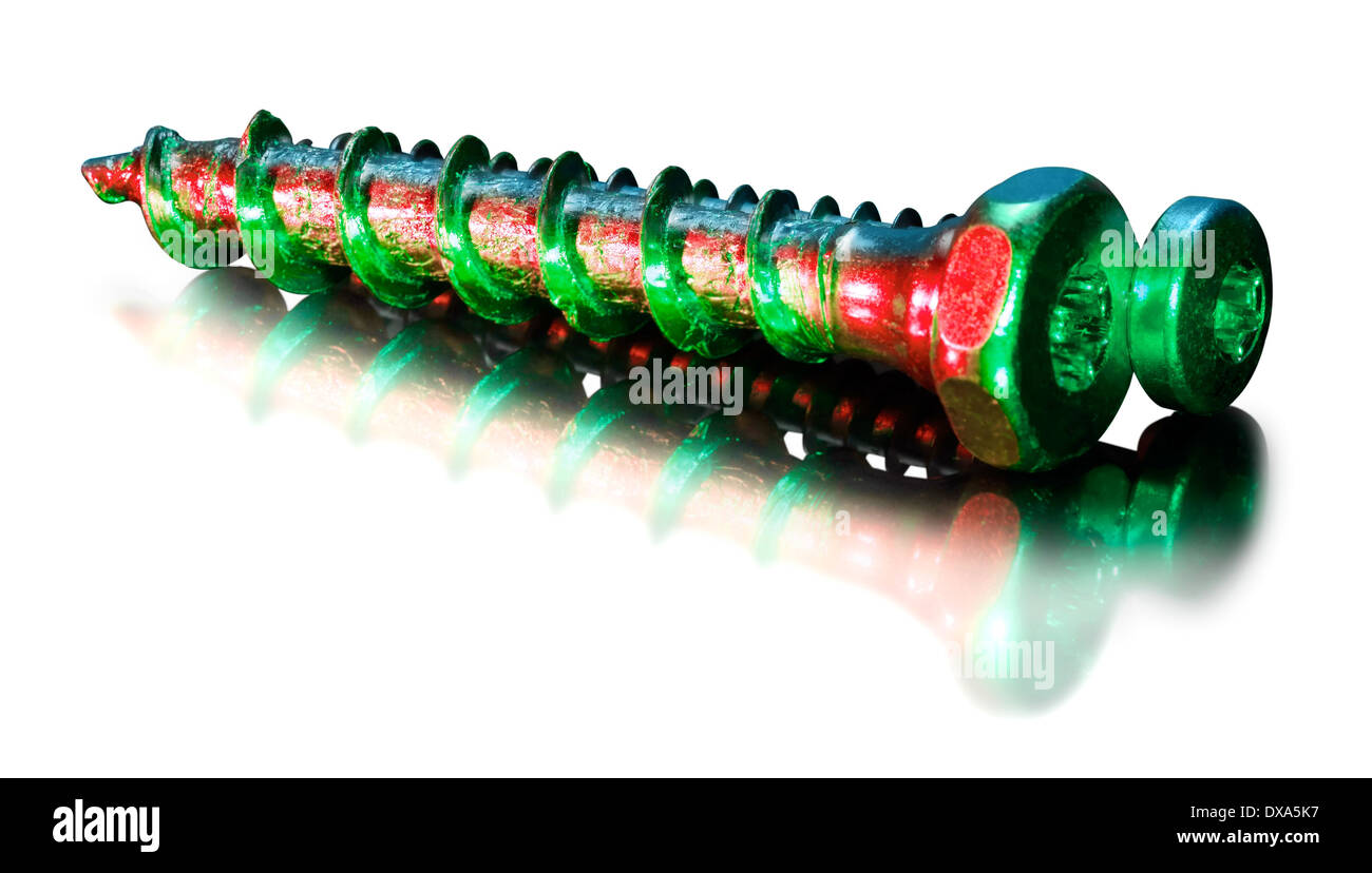 red and green illuminated screws in white reflective back Stock Photo