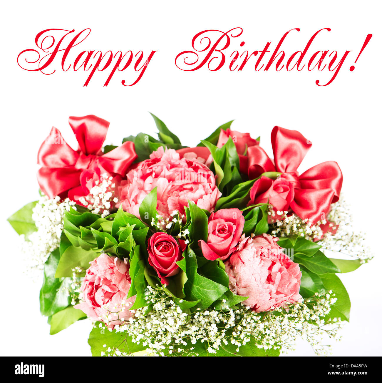 colorful flowers bouquet with ribbon. happy birthday! Stock Photo