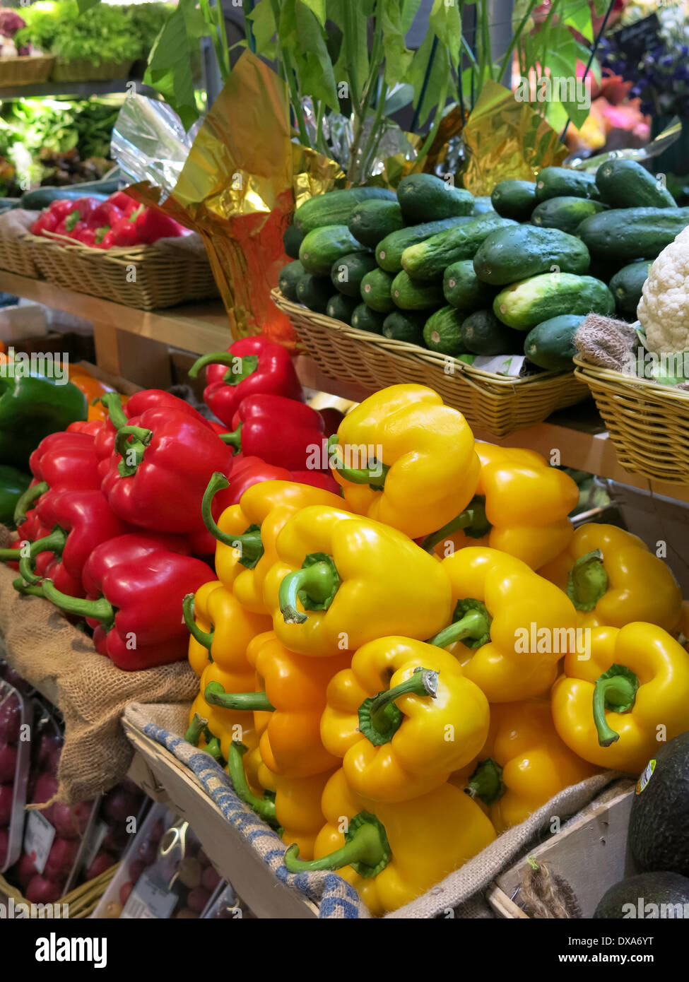 Red and Yellow Bell Peppers Display, Fresh Produce Section, Food Market