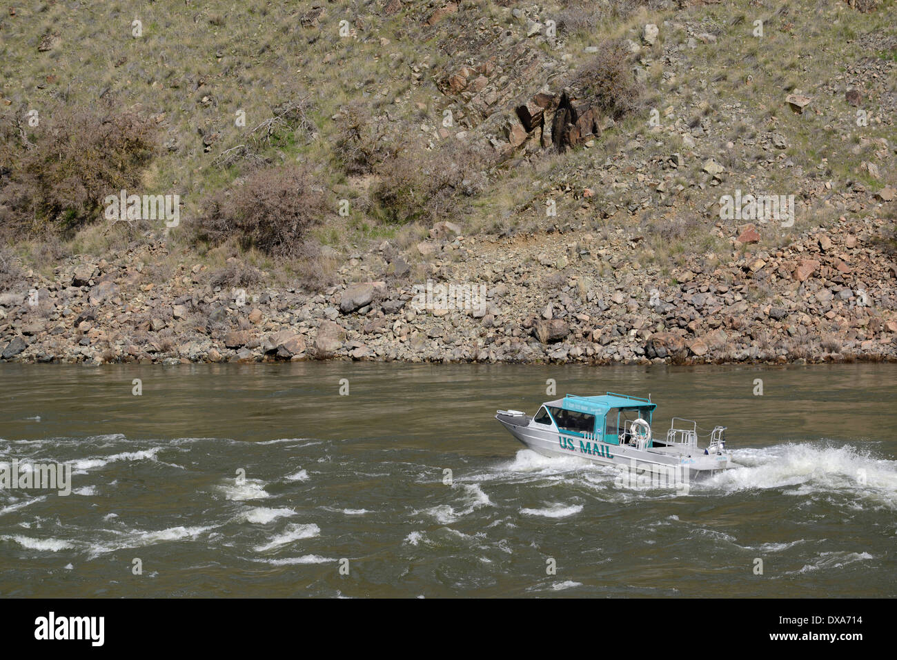 Mail delivery jet boat on the Snake River in Hells Canyon on the Idaho/Oregon border. Stock Photo
