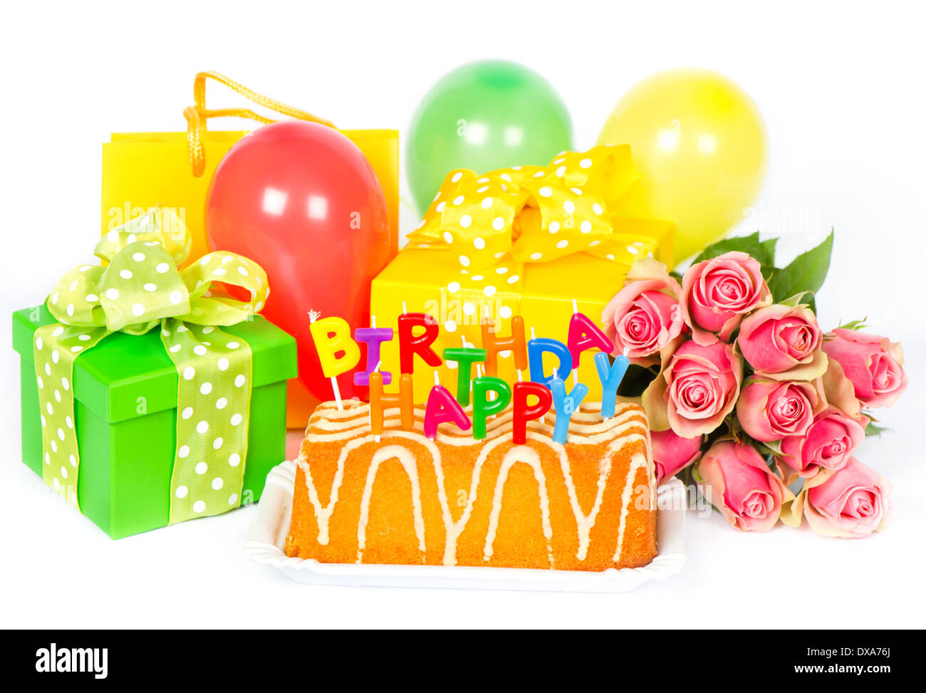 Birthday Party Decoration With Roses Flowers Cake Balloons Gifts And Candles Stock Photo Alamy