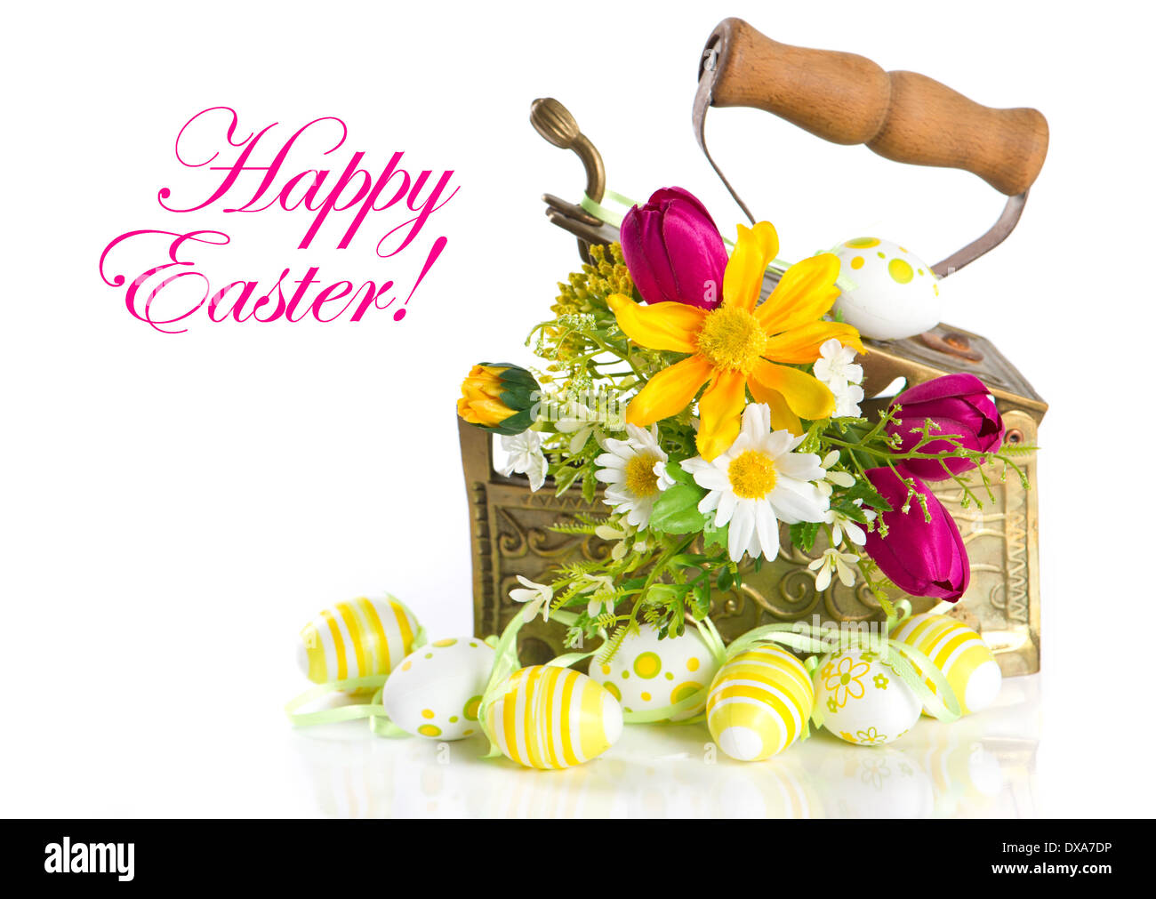 spring flowers and easter eggs on white background. happy easter Stock ...