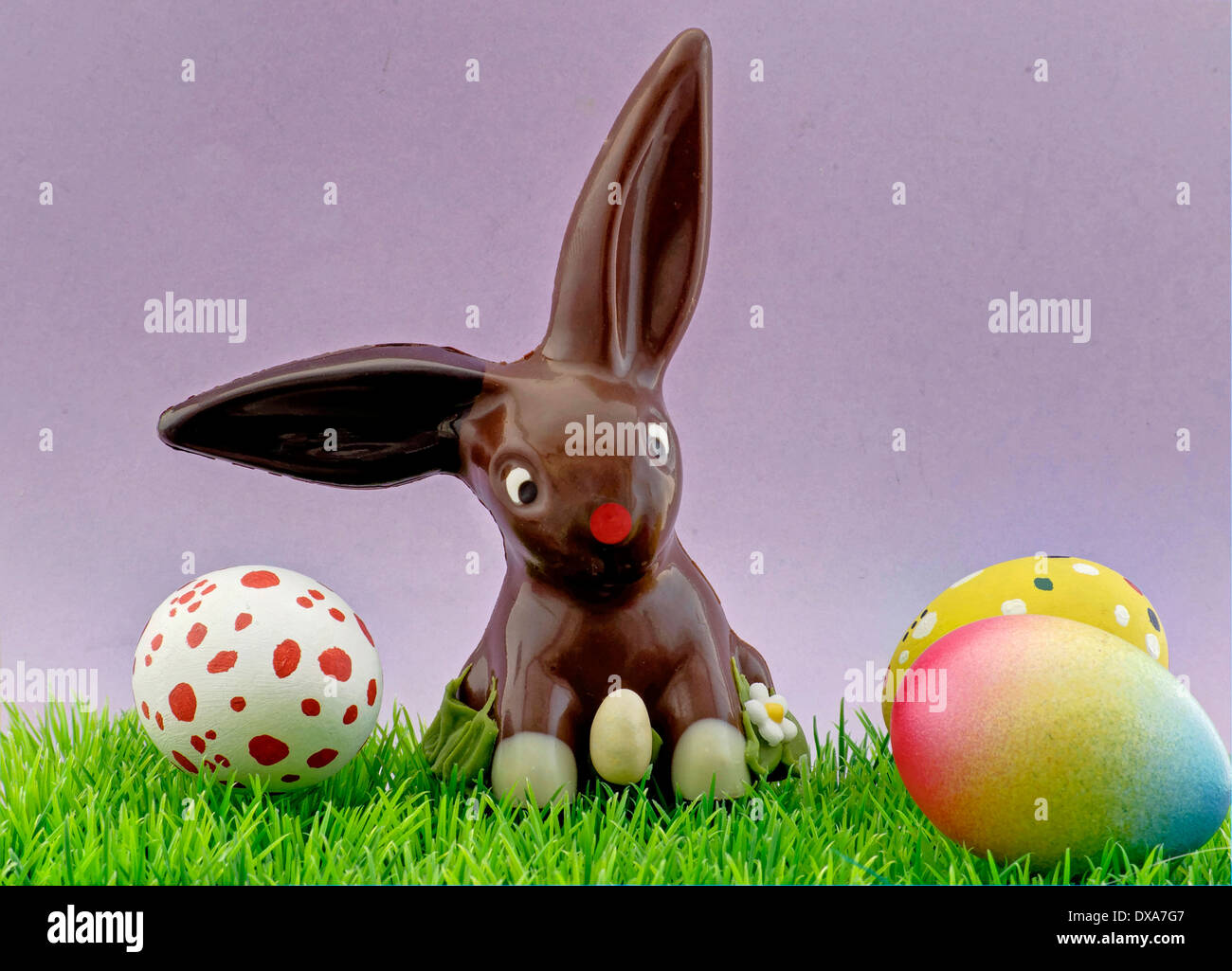 Chocolate - Easter bunny and colorful easter eggs Stock Photo