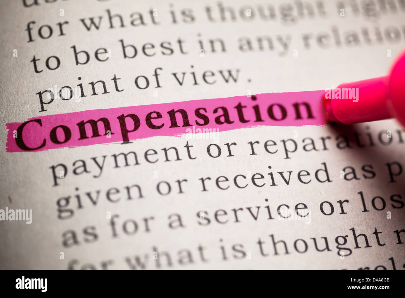 Fake Dictionary, definition of the word compensation. Stock Photo