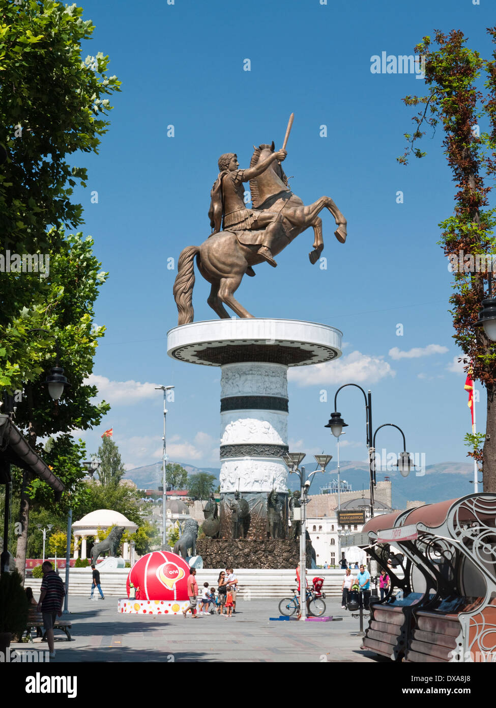 'Warrior on a Horse' statue of Alexander the Great of Macedon - part of the Skopje 2014 project in Skopje, Macedonia Stock Photo